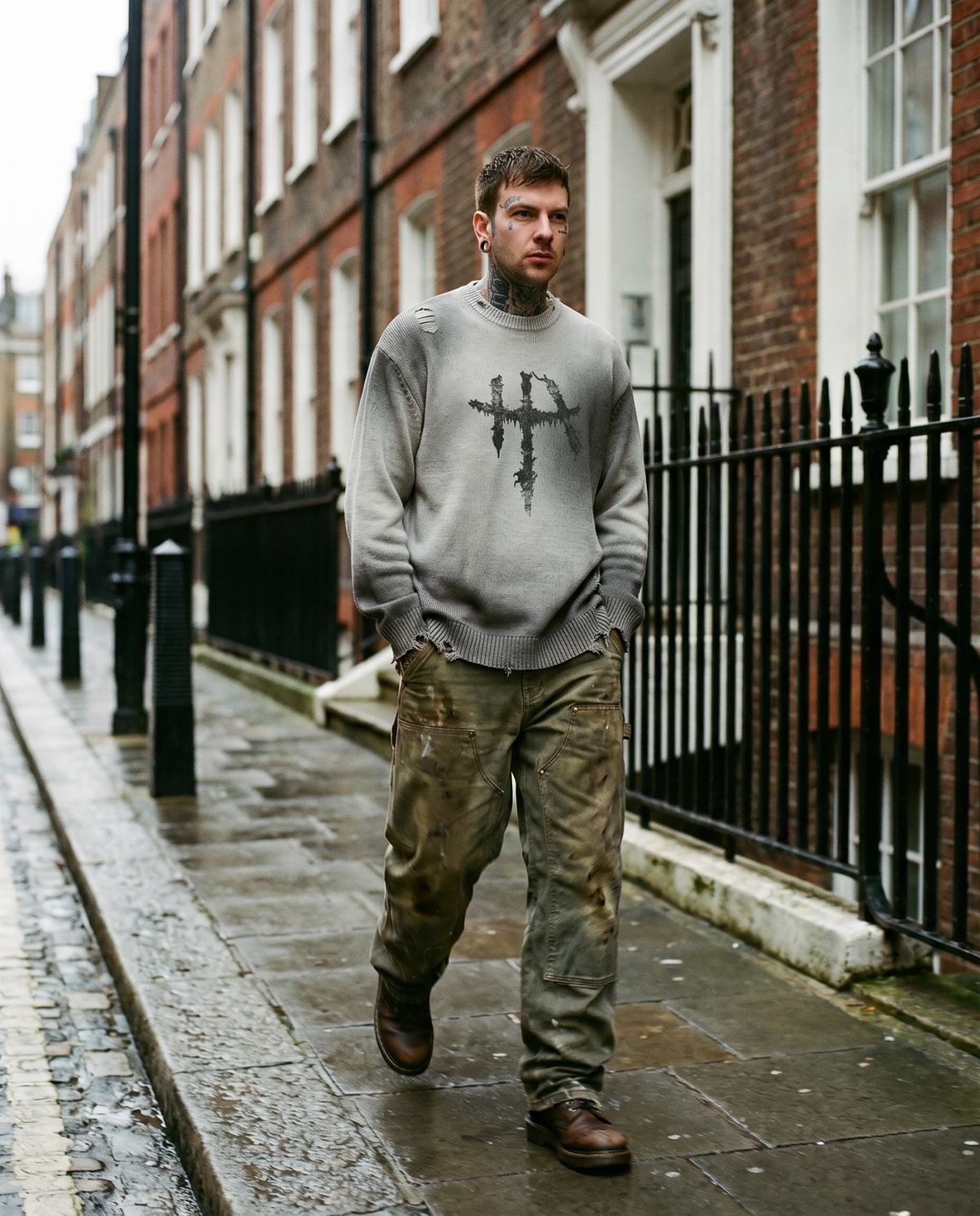 Model wearing the Higher Ark Apocryphal Cross gray distressed crewneck in an urban streetwear photo