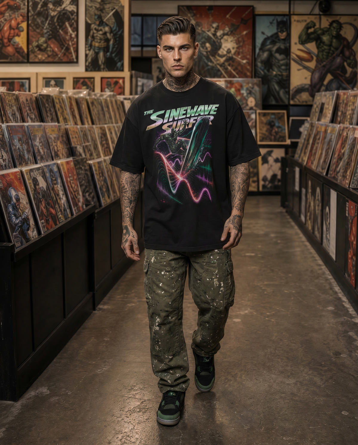 Model wearing the Sinewave Surfer vintage washed graphic tee by The Higher Ark