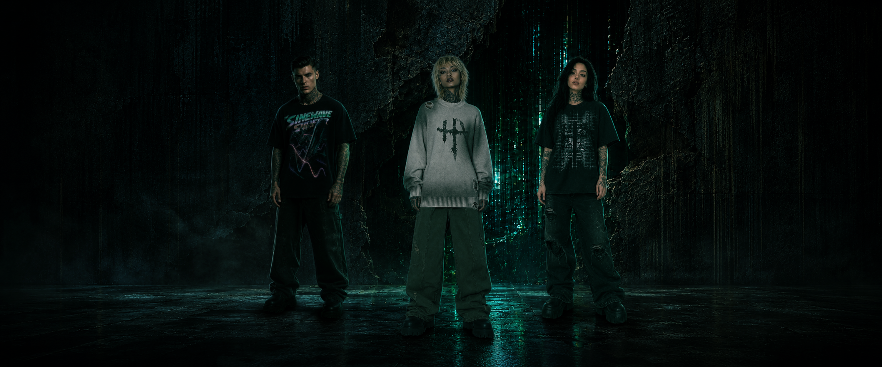 Three people standing in a dark, moody, industrial setting with green misty lighting. The person in the center wears a light gray hoodie with a black cross graphic and baggy light green pants, flanked by two people in dark graphic t-shirts and jeans.