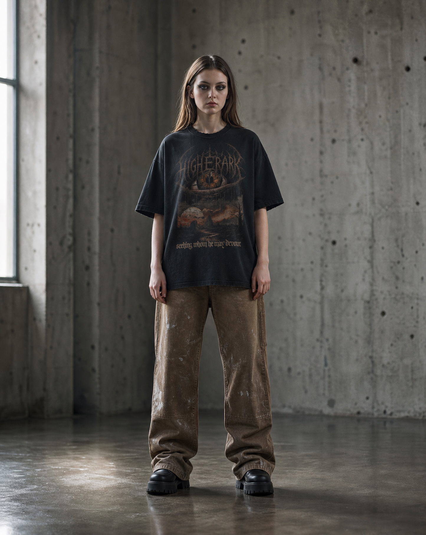 Model wearing the Devour vintage washed graphic tee by The Higher Ark