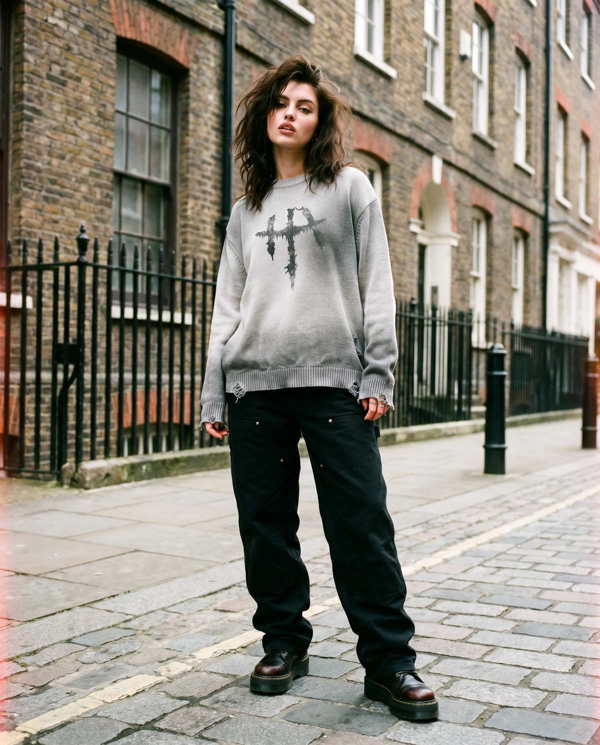 Model wearing the Higher Ark Apocryphal Cross gray distressed crewneck in a streetwear lifestyle photo
