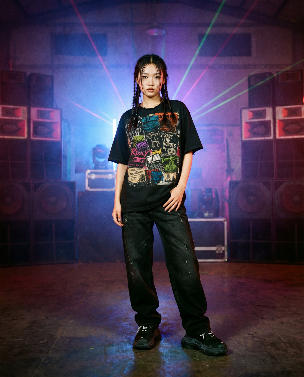 Model wearing the Higher Ark Church vintage washed graphic tee in an underground rave warehouse