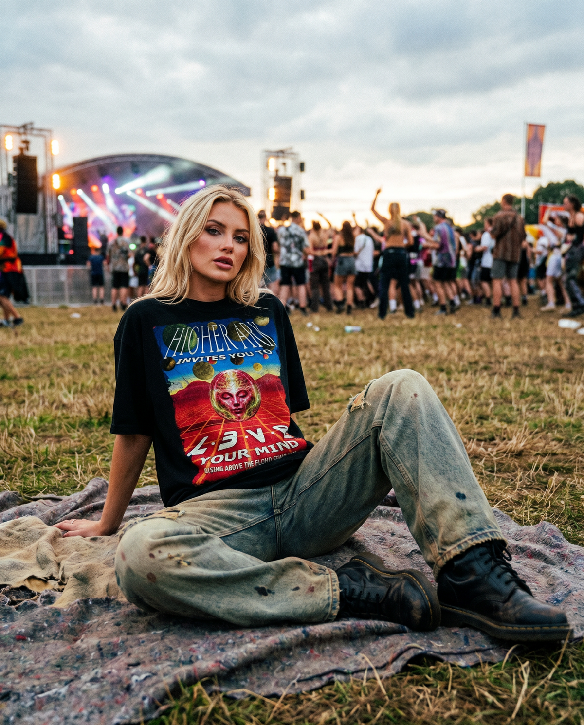 Model wearing the Higher Ark Fantazia vintage washed graphic tee at an outdoor rave festival