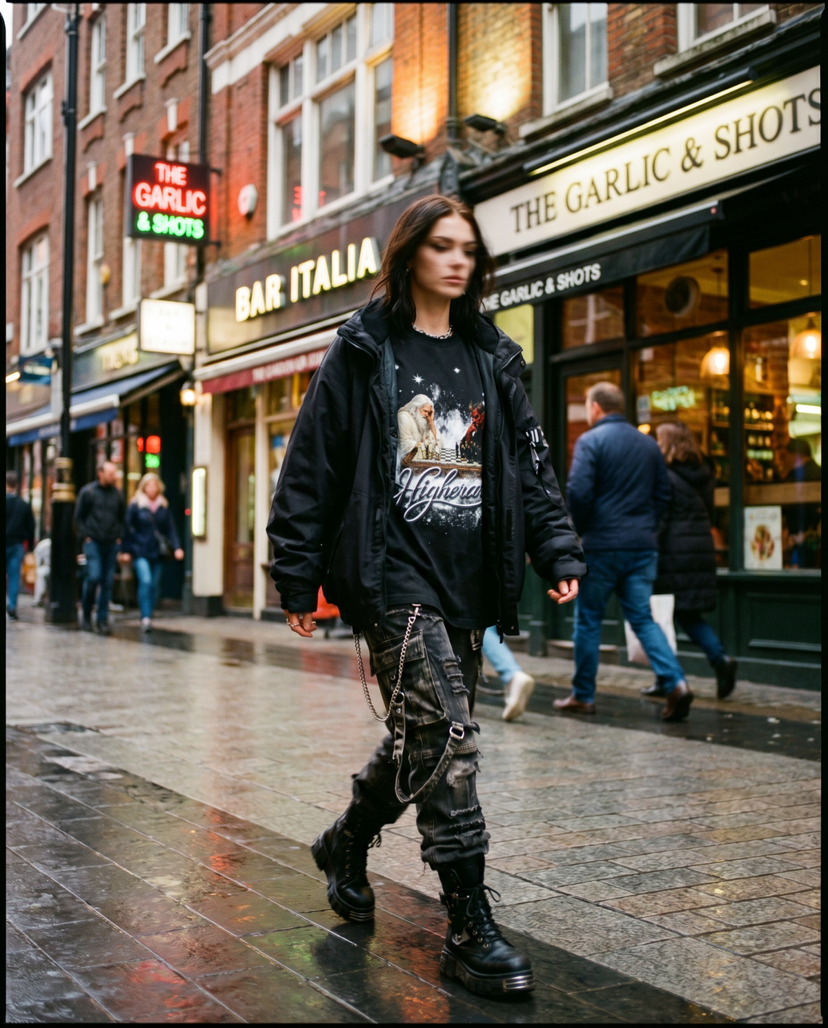 Model wearing the Higher Ark Fate vintage washed graphic tee in a dark cosmic lifestyle photo