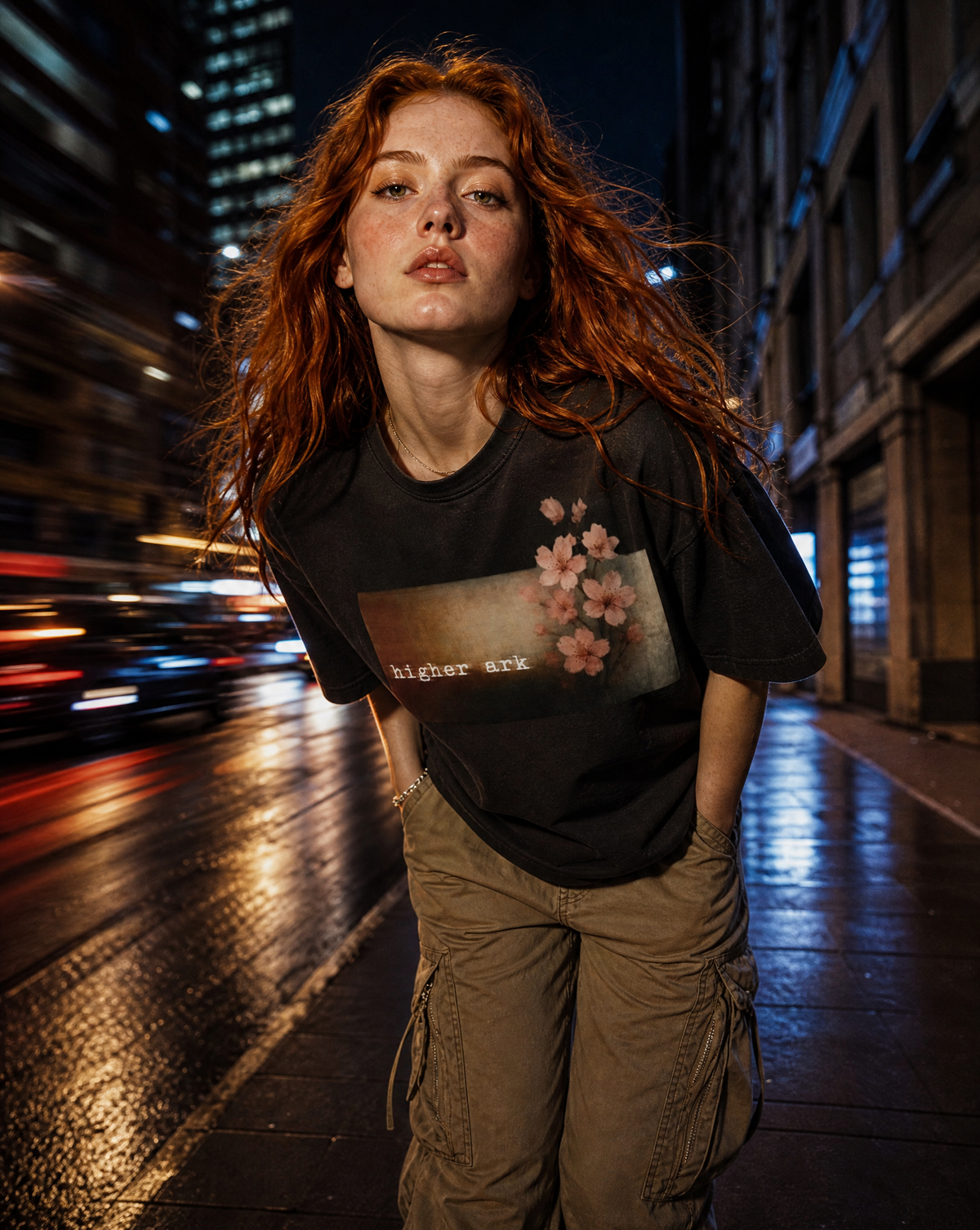 Model wearing the Higher Ark Fragile vintage washed graphic tee in a nighttime streetwear portrait