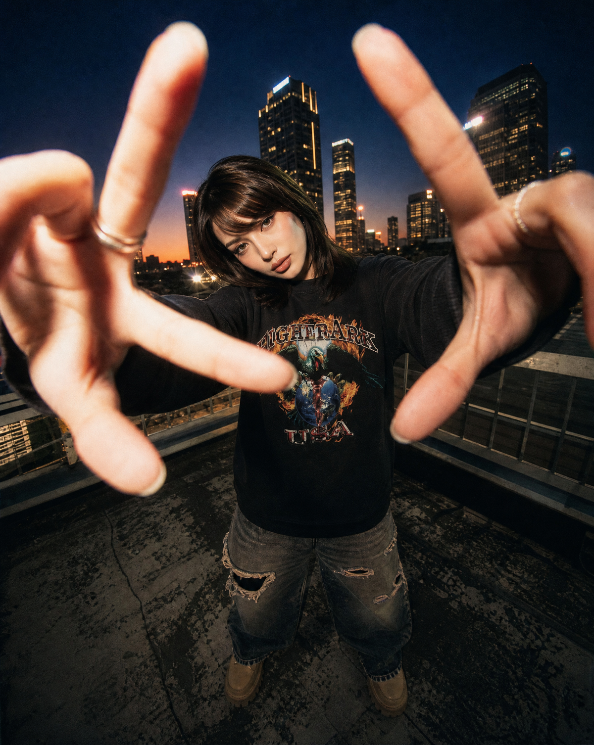 Wide-angle rooftop photo of a model wearing the Higher Ark Land of the Free waffle top