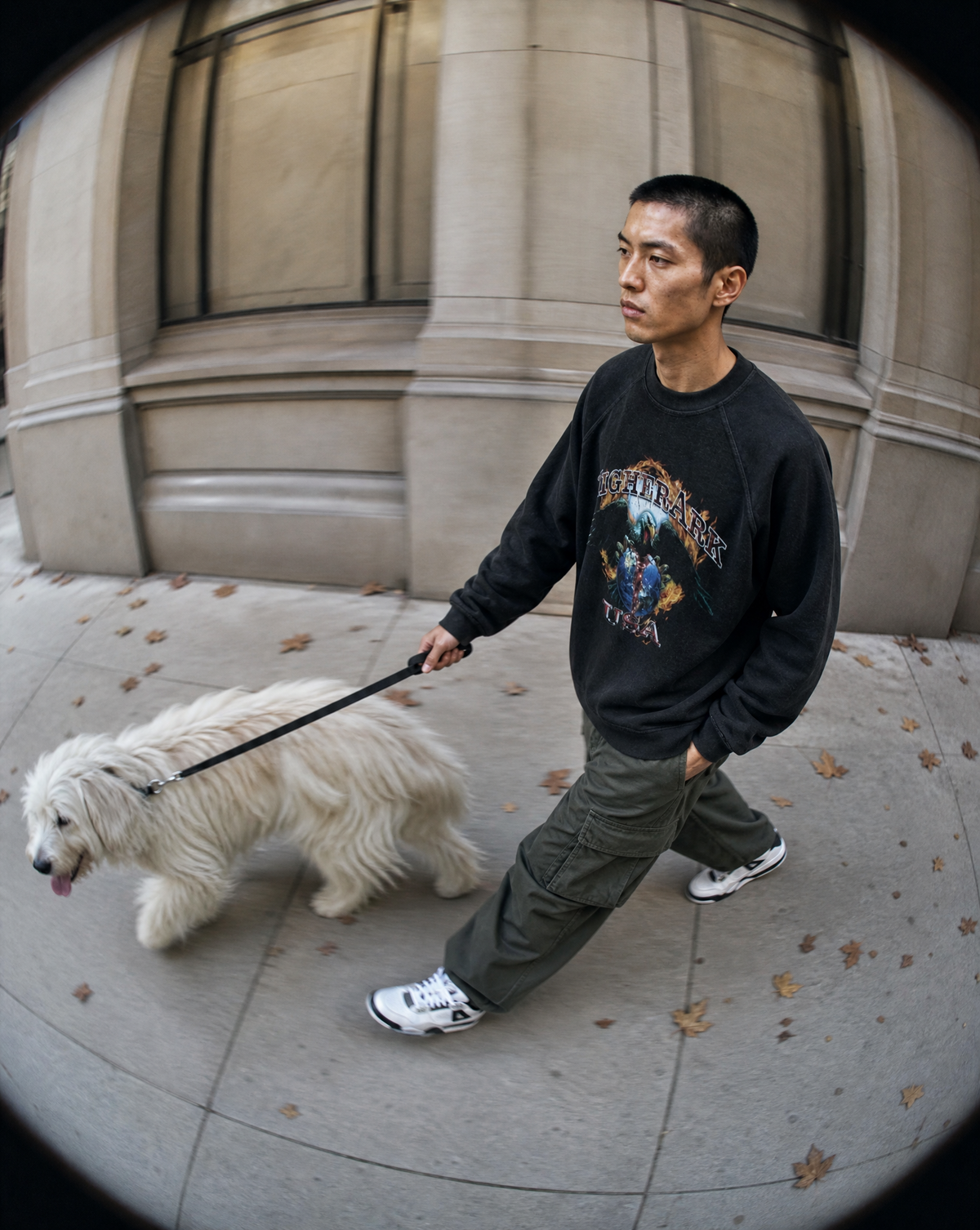 Model walking in the Higher Ark Land of the Free waffle top in an urban streetwear photo
