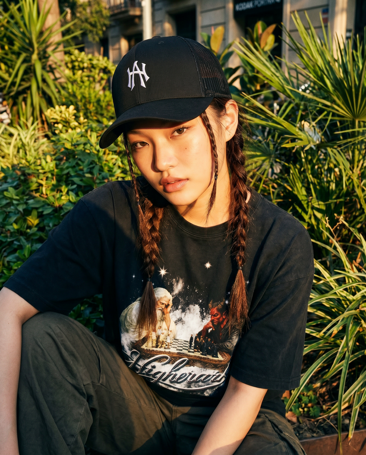 Black Higher Ark logo mesh-back trucker hat on a model, close-up lifestyle photo