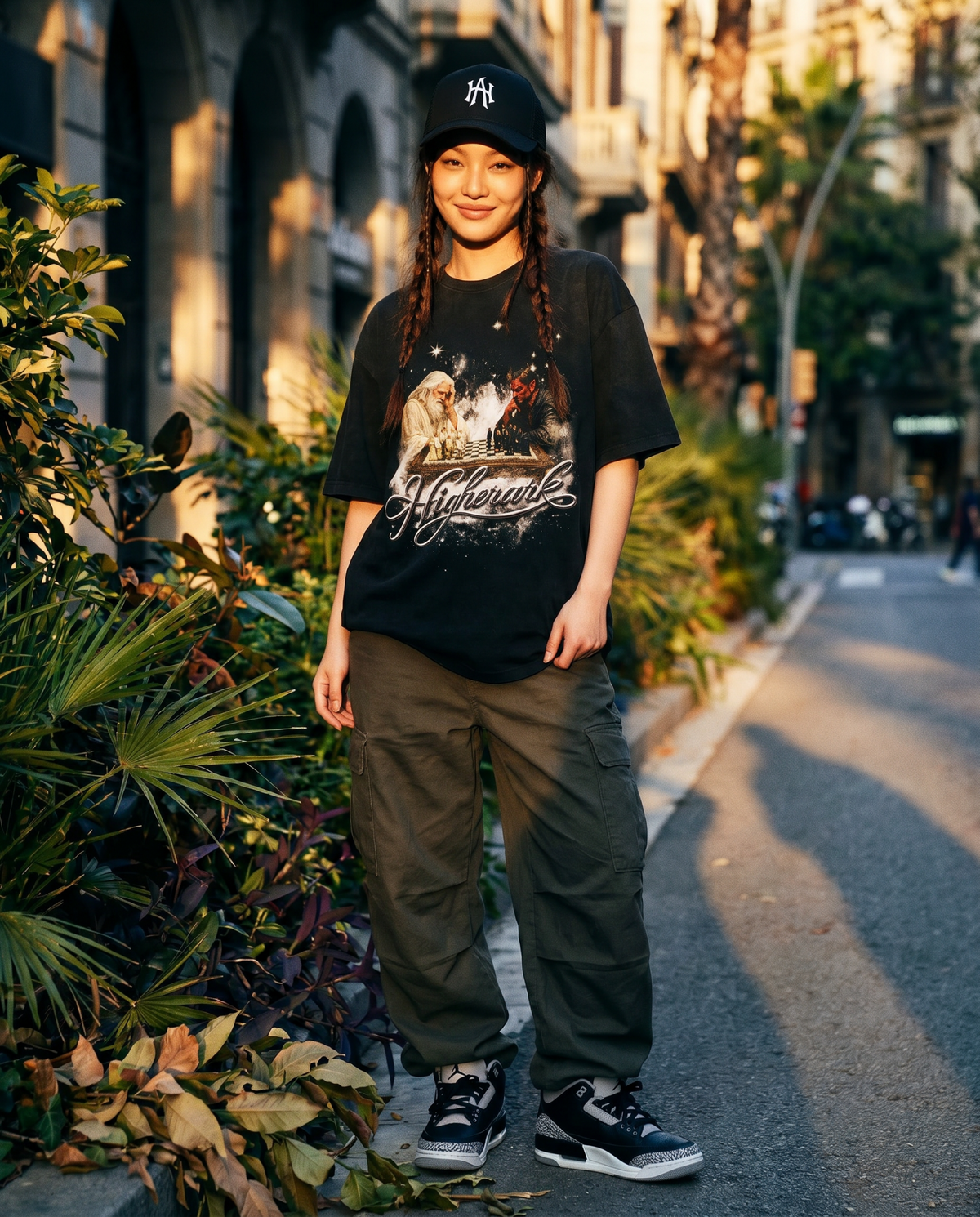 Black Higher Ark logo mesh-back trucker hat on a model, full-body streetwear lifestyle photo