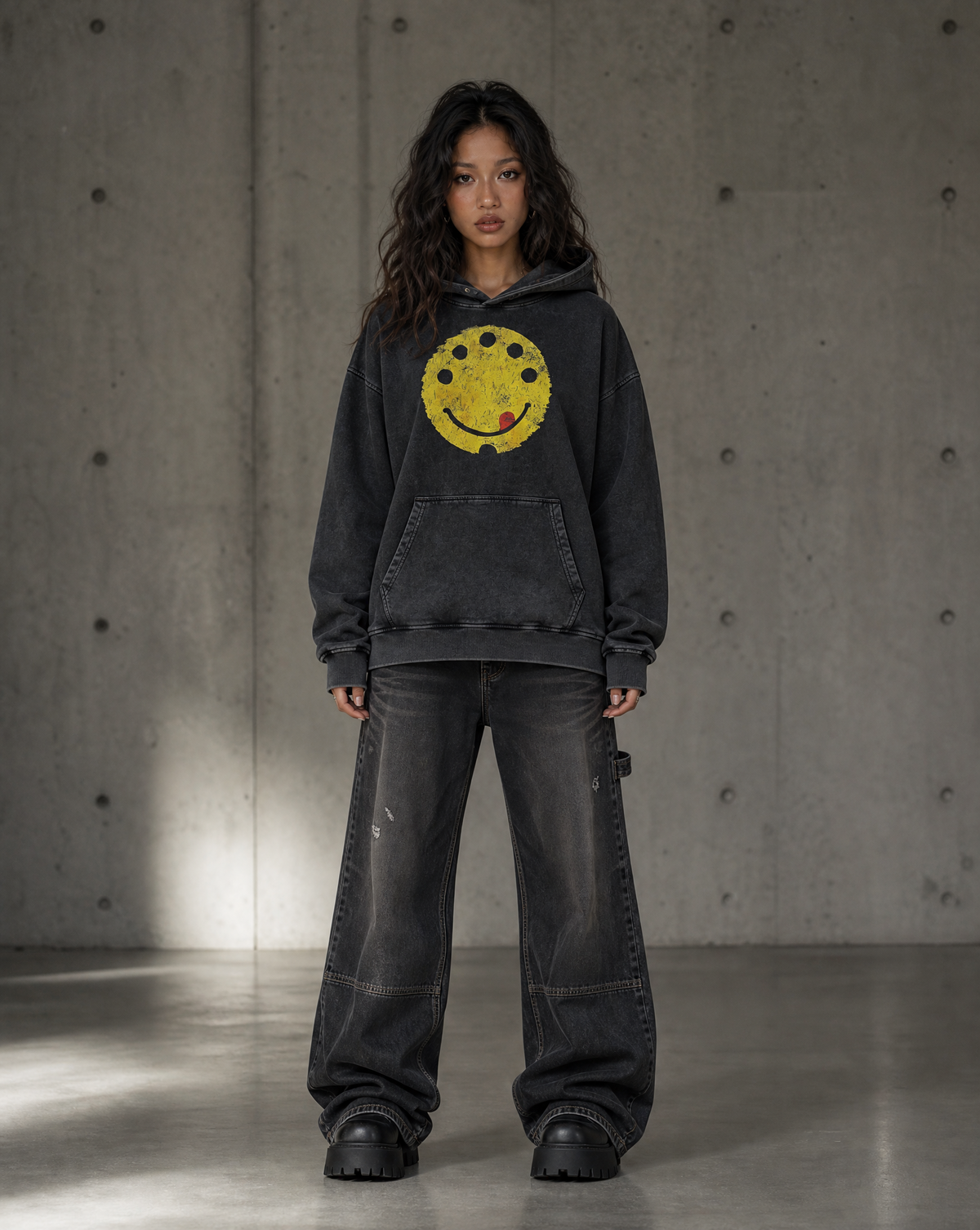 Model wearing the Higher Ark MIDI oversized vintage washed hoodie in a studio lifestyle photo