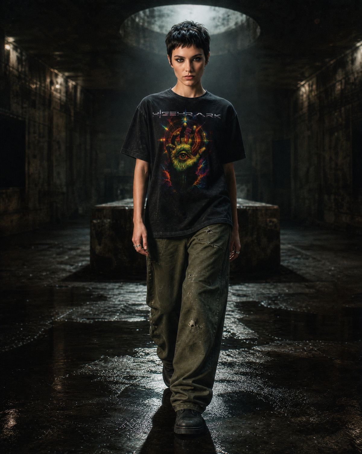 Model wearing the Higher Ark Tralfamadorian vintage washed graphic tee in an industrial setting