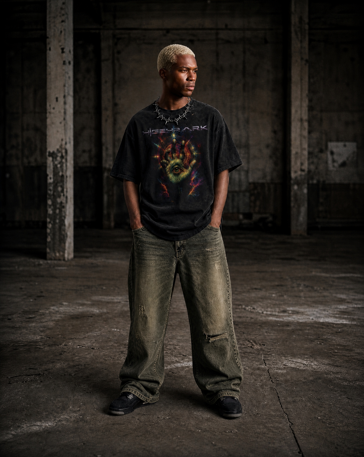Model wearing the Higher Ark Tralfamadorian vintage washed graphic tee in an industrial setting