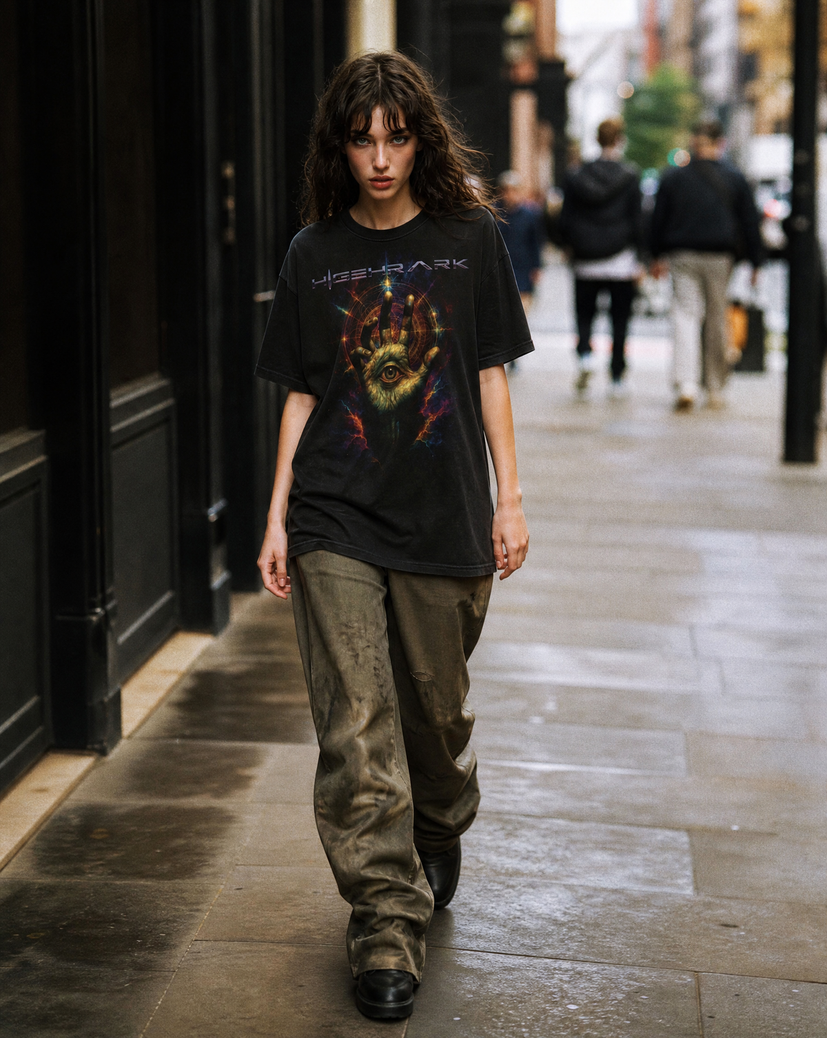Model wearing the Higher Ark Tralfamadorian vintage washed graphic tee in a streetwear lifestyle photo