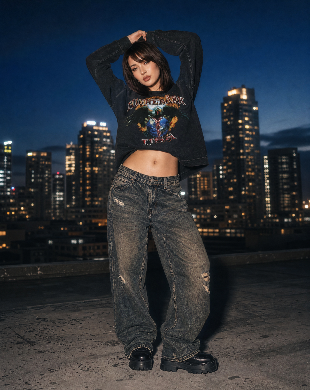 Model wearing the Land of the Free waffle top by The Higher Ark