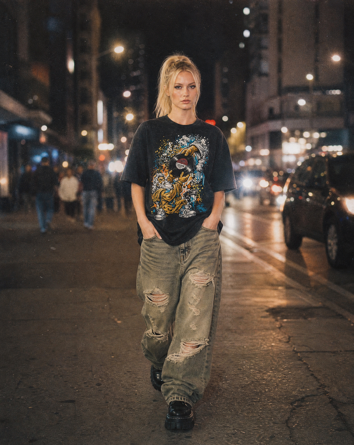 Model wearing the Moses vintage washed graphic tee by The Higher Ark