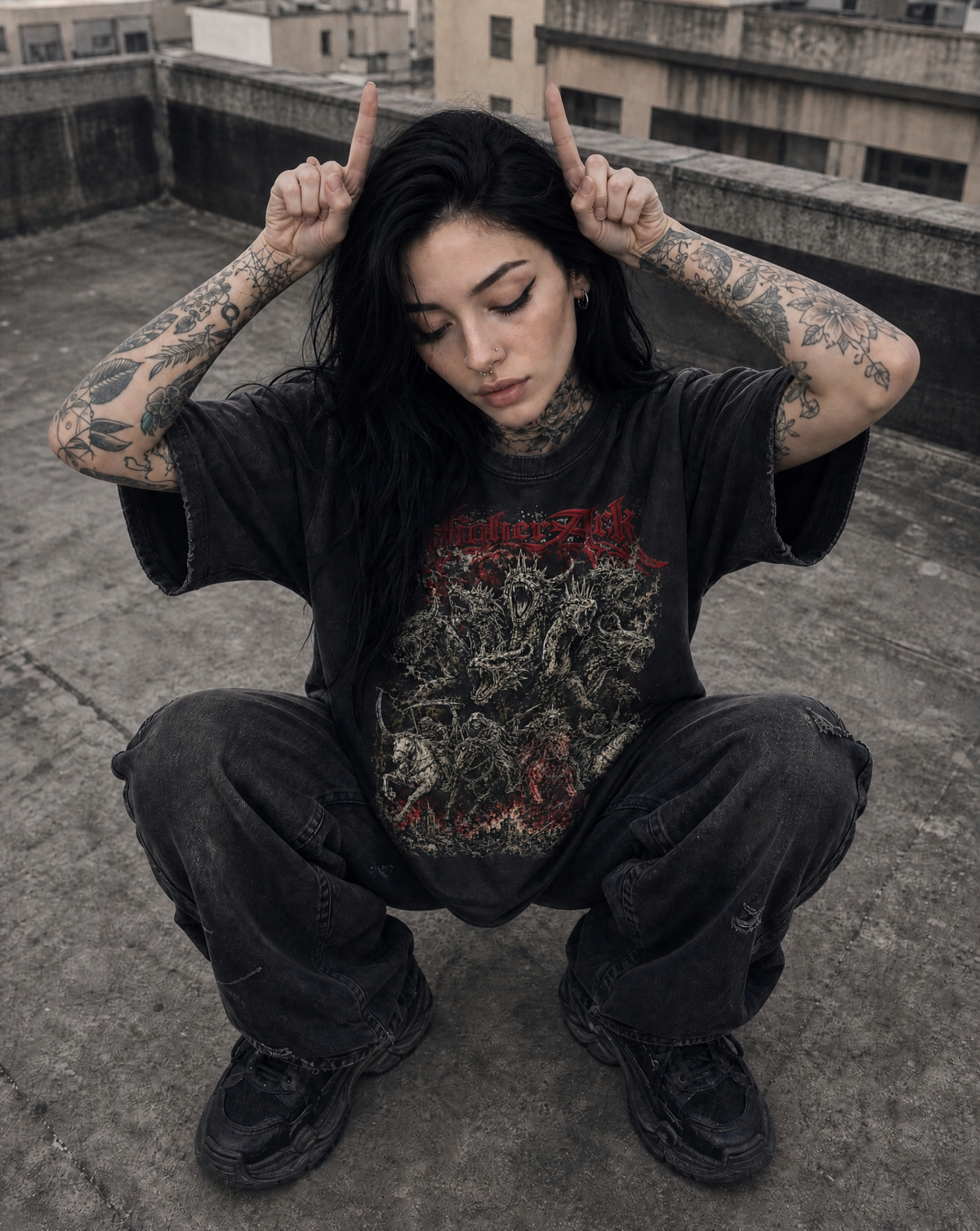 Model wearing the Revelation vintage washed graphic tee by The Higher Ark